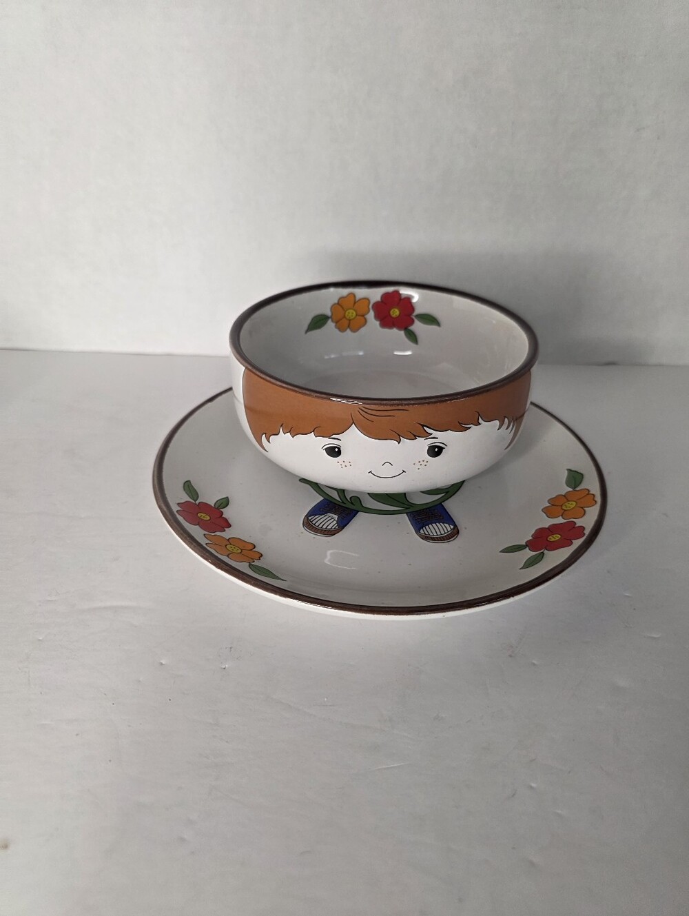 Vintage Interpur Children's Dish Set Farmer Boy Plate Bowl Set